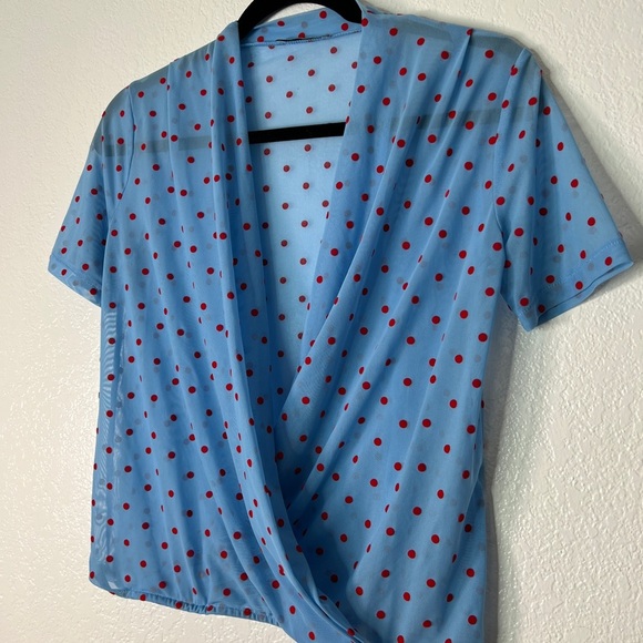 ZARA baby blue red polka dot semi sheer mesh retro top S - Picture 5 of 9
